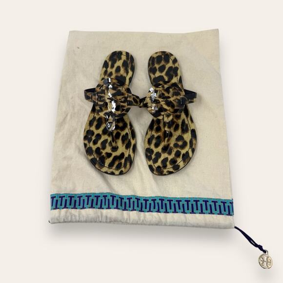 Tory Burch Patent Leather Leopard Slip On Miller Thong Sandal Black 7 Women’s - Picture 1 of 13